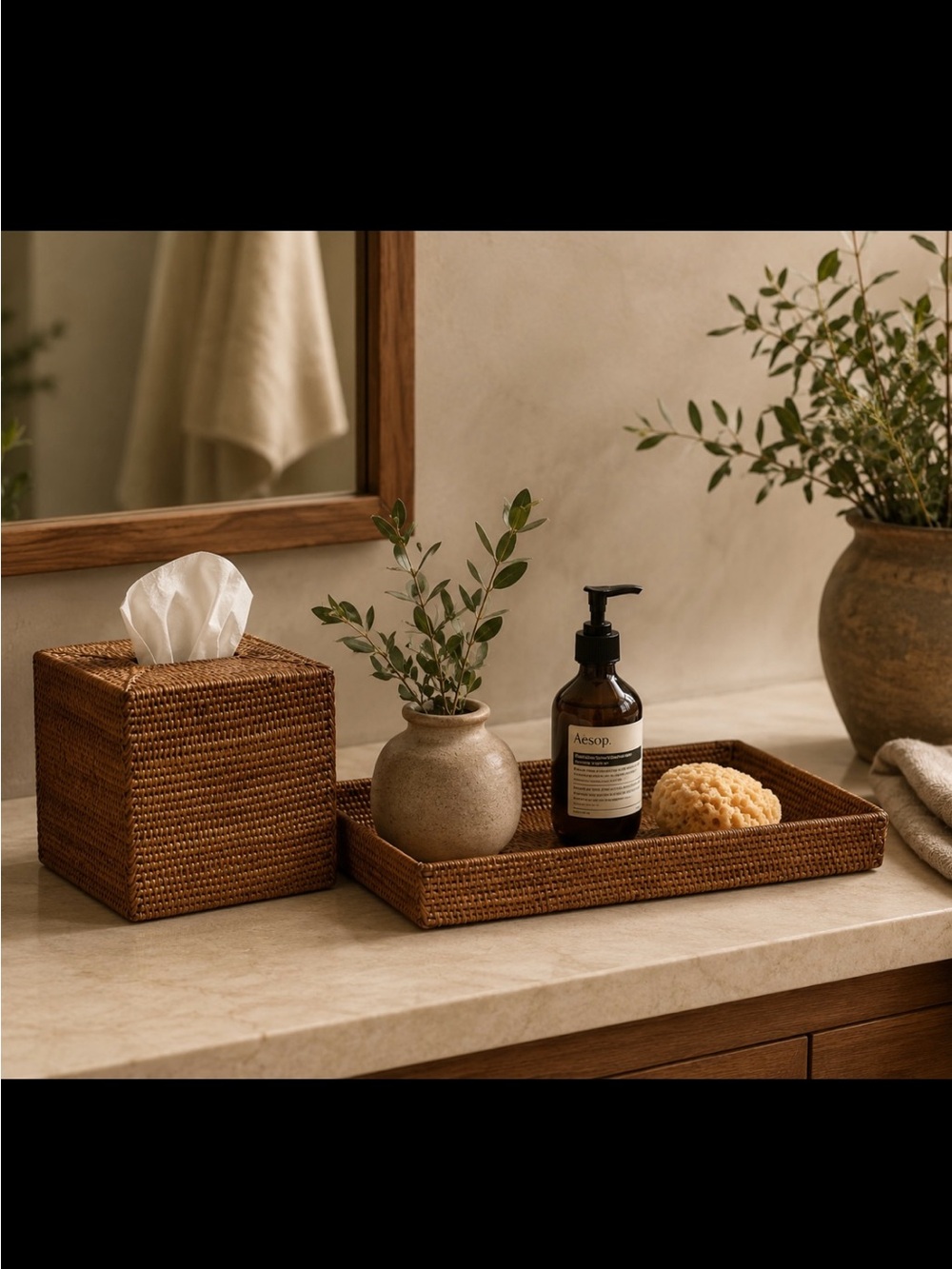 Woven Rattan Tissue Box Holder Cover & Tray Set - Natural Earthy Brown Classy